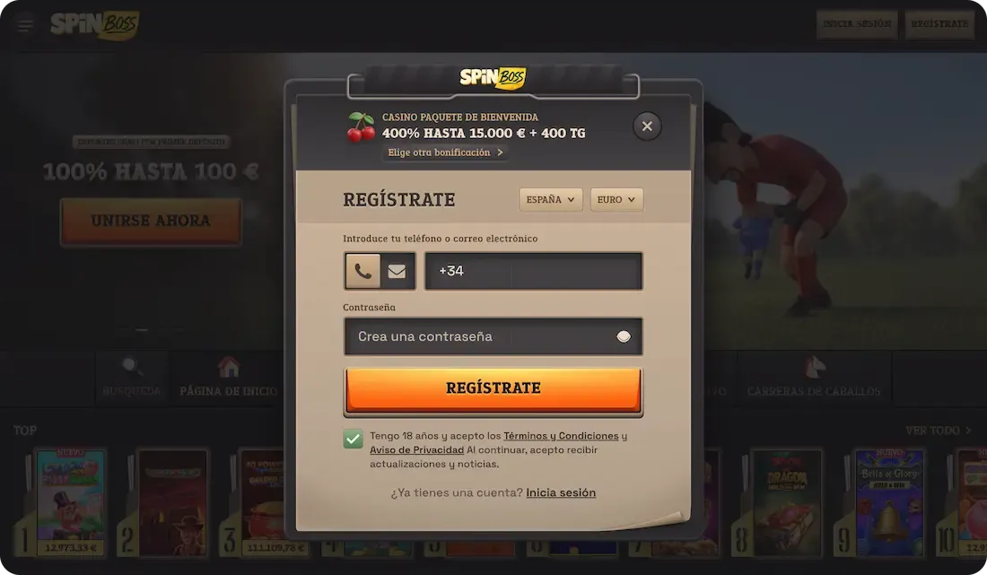 registro en el casino spinboss